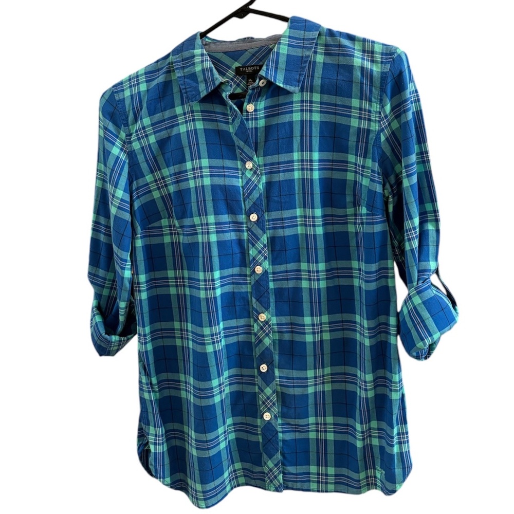 Talbots Long Sleeve Blue Plaid Button Down Roll-Tab Cotton Shirt Size MP - Picture 1 of 8